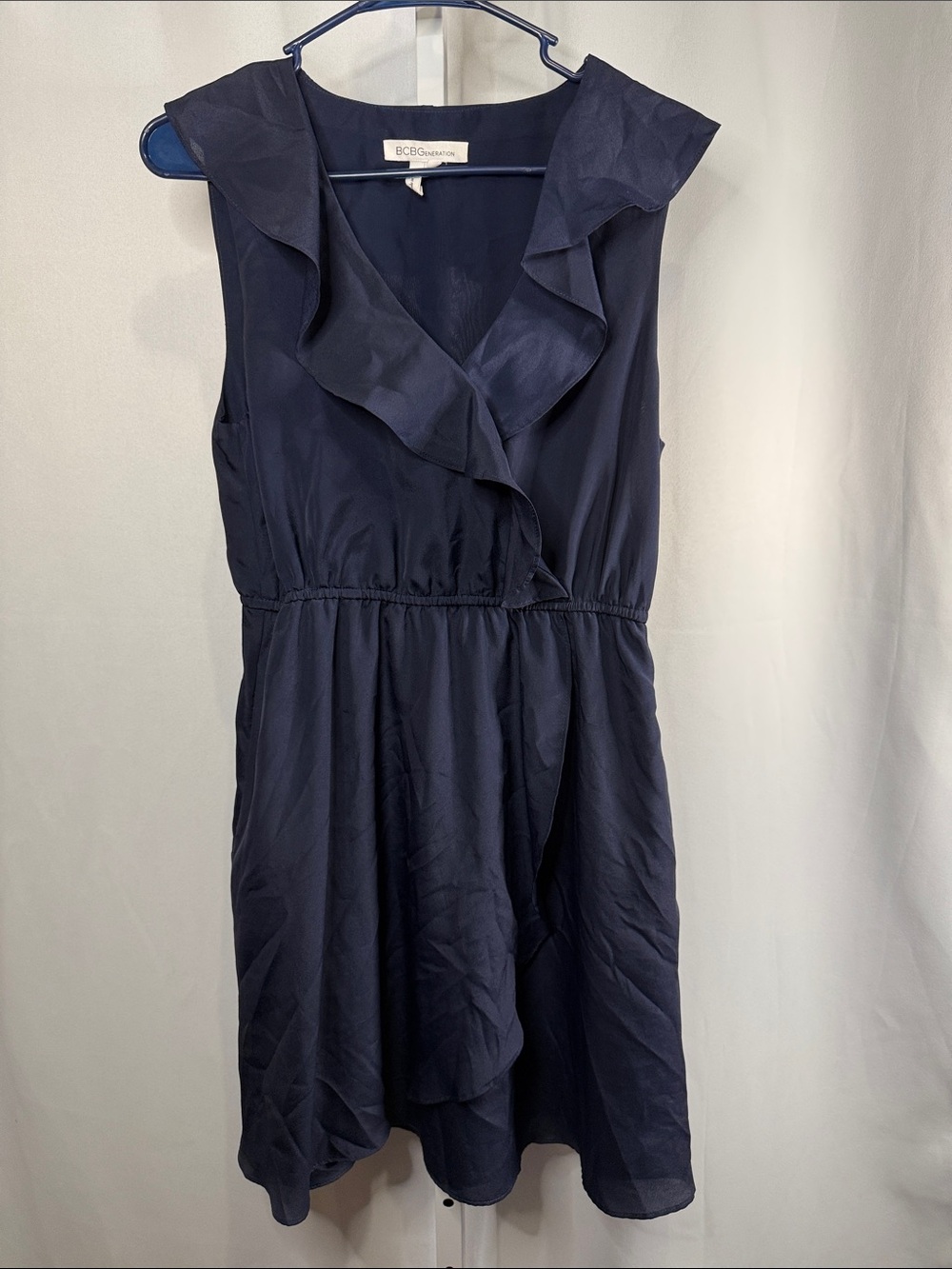 BCBGeneration Navy Ruffle V-Neck Midi Dress